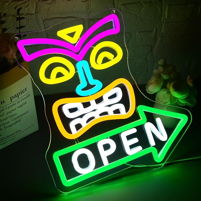 Tiki Bar Open Neon Sign for Wall Decor Dimmable Tiki Open Neon Light for Man Cave Hawaii Beach Sign for Pub Home Bar Beer Shop Party Bedroom Christmas Birthday Gifts Art Size 11.8 * 10.9In (WZCP190)