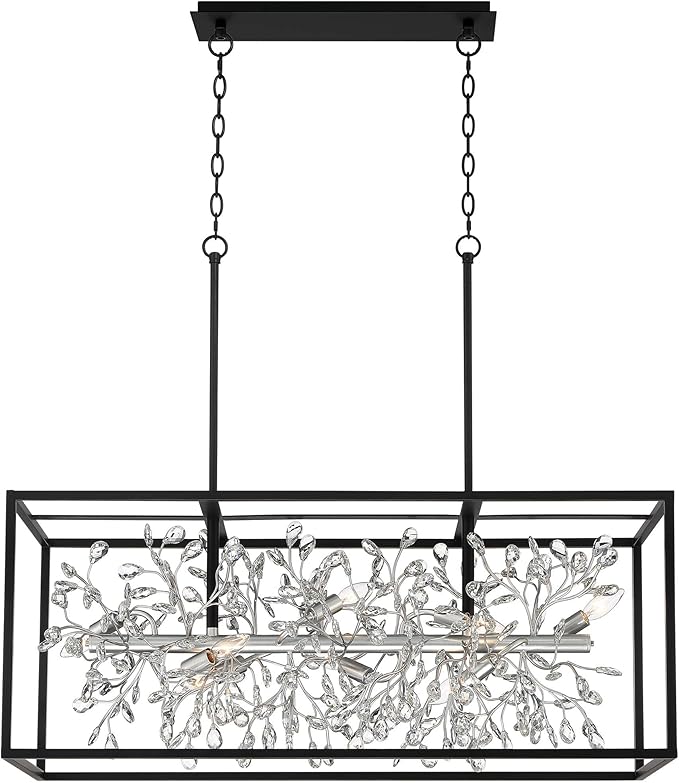 Possini Euro Design Carrine Black Silver Metal Rectangle Linear Pendant Chandelier 38 1/2" Wide Modern Clear Crystal Flower Vine 8-Light Fixture for Kitchen Island Dining Room House High Ceilings - Aura Lighting