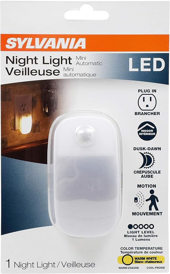 LEDVANCE Sylvania LED Mini Automatic Plug-in Night Light with Sensor, Motion Activated, Dusk to Dawn, Warm White, Plug-in Type - 1 Pack (64988)
