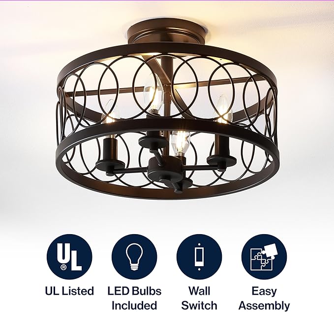 JONATHAN Y 15.5" Oil Rubbed Bronze 4-Light Metal LED Semi-Flush Mount Ceiling Light, Metal Fretwork Shade for Bedroom Entryway Hallway, Traditional Round Dimmable Fixture JYL9040A