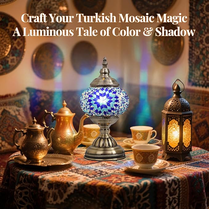 DIY Turkish Mosaic Lamp Kit, Stained Glass Table Lamp Making Kit- Easy and Fun, No Experience Needed, Mosaic Art & Craft Project Kits for Adults & Teens, Make Your Own Table Lamp,Blue