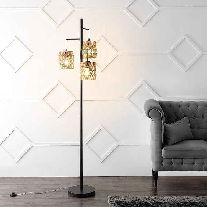 JONATHAN Y 70.75" Black 3-Light Bohemian LED Floor Lamp, Mid-Century Modern Standing Light with Natural Rattan Lantern Shades for Living Room, LED Bulbs Included JYL1150A