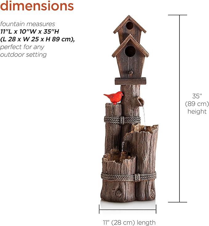 Alpine Corporation 35" Tall Outdoor 3-Tier Birdhouse Water Fountain with Cardinal Accent, Rustic Floor Decor for Garden and Patio, Brown