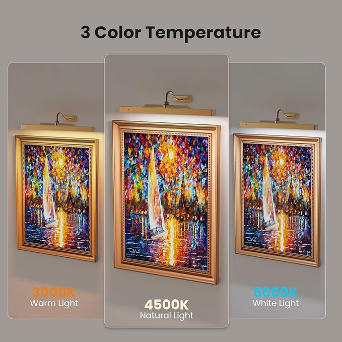 Wireless Picture Light Battery Operated, 1Pack Remote Control Painting Light with Timer, 13Hrs Service Life Art Display Light for Picture Frame Artworking Portrait, Poster, Photo, Mirror -Brass