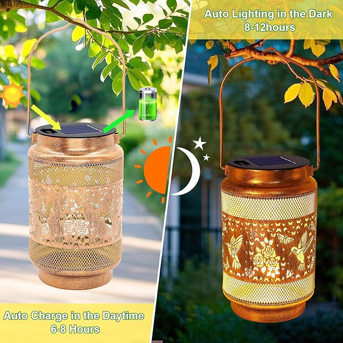 2 Pack Hummingbird Solar Lanterns Outdoor Waterproof Solar Garden Decor, Birthday Gifts for Christmas Women Mom Grandma, Metal Hanging Lights with Shepherd Hook for Yard Patio Pathway Backyard Porch - Aura Lighting