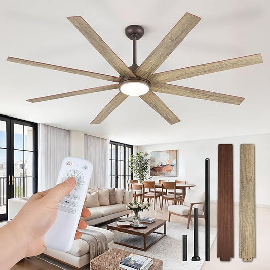Fanbulous 74 Inch Ceiling Fans with Lights and Remote, Walnut Indoor/Outdoor Ceiling Fan with Quiet Reversible DC Motor, 6 Speeds, 3CCT, 8 Blades Large Ceiling Fan for Living Room Bedroom Patio