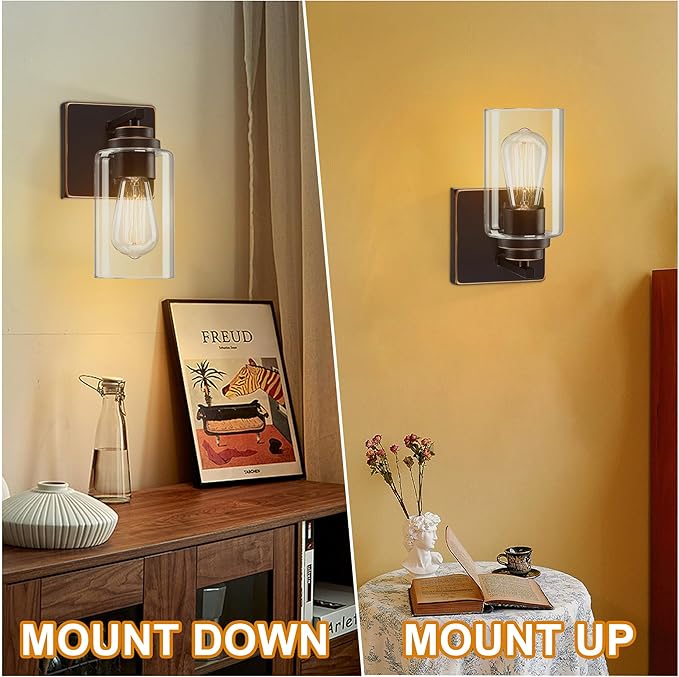 Pia Ricco Wall Sconces Set of 2, Bedside Wall Lamps with Switch for Bedroom, Modern Bathroom Light Fixtures with Clear Glass Shade, Oil Rubbed Bronze Sconces Wall Lights for Living Room, Hallway - Aura Lighting