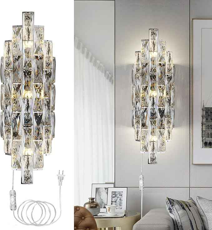 Modern Plug in Wall Sconce Crystal Wall Sconces Indoor Wall Lamp for Bedroom Chrome Light Fixture with Plug in Switch Vanity Wall Mount Lamps for Living Room Bedroom Bathroom Bedside Hallway