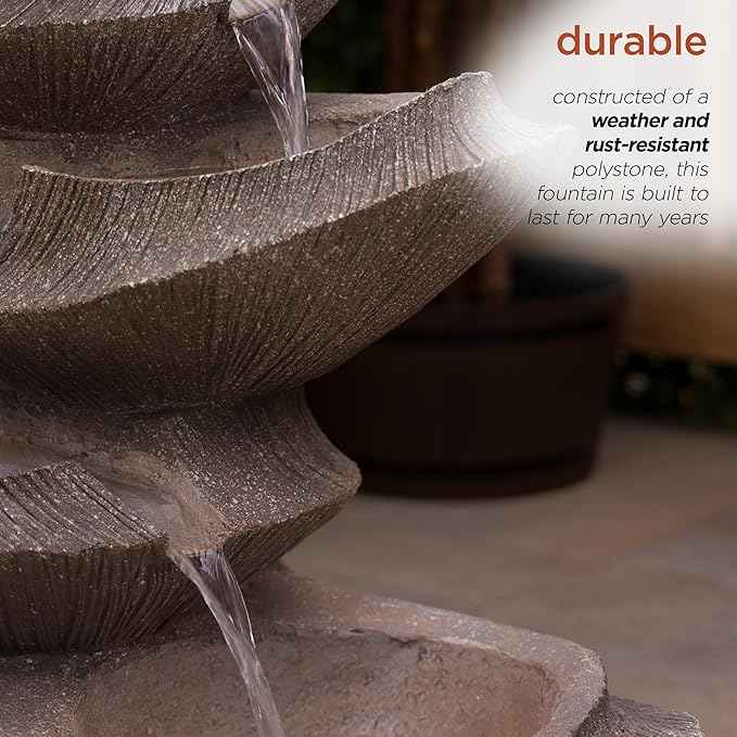 Alpine Corporation WIN1332L-BR Outdoor Floor Tiered Basin Fountain with LED Lights, Modern Basin Garden Fountain 31", Brown