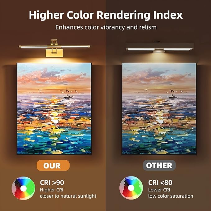 24“ Picture Lights for Wall Battery Operated, Wireless Picture Lights with Remote, Rechargeable Wall Light 3000K/4000K/6000K Dimmable, Art Lighting for Paintings Frame Gallery Dartboard Light, Brass
