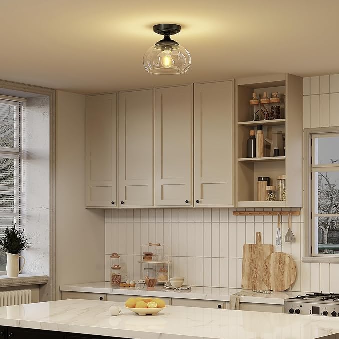 VONLUCE Industrial Semi Flush Mount Ceiling Light, 8.3" Ceiling Light Fixture with Clear Glass Shade, Farmhouse Lighting for Hallway Kitchen Bedroom Entryway, Matte Black Flush Mount Light Fixture