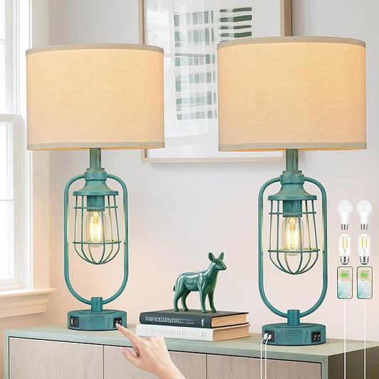 Table Lamps for Living Room End Table Set of 2, Farmhouse Lamps for Night Stands, Industrial Bedside Lamps for Bedroom with USB A+C, Bulbs Included