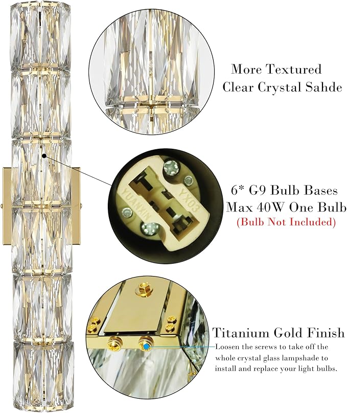 SAMTEEN 23.6-Inch Crystal Wall Sconce Gold Sconces Wall Lighting Mid-Century Modern 6-Light Wall Mount Light Brass Glass Wall Light Fixture for Bathroom Bedroom Hallway - Aura Lighting