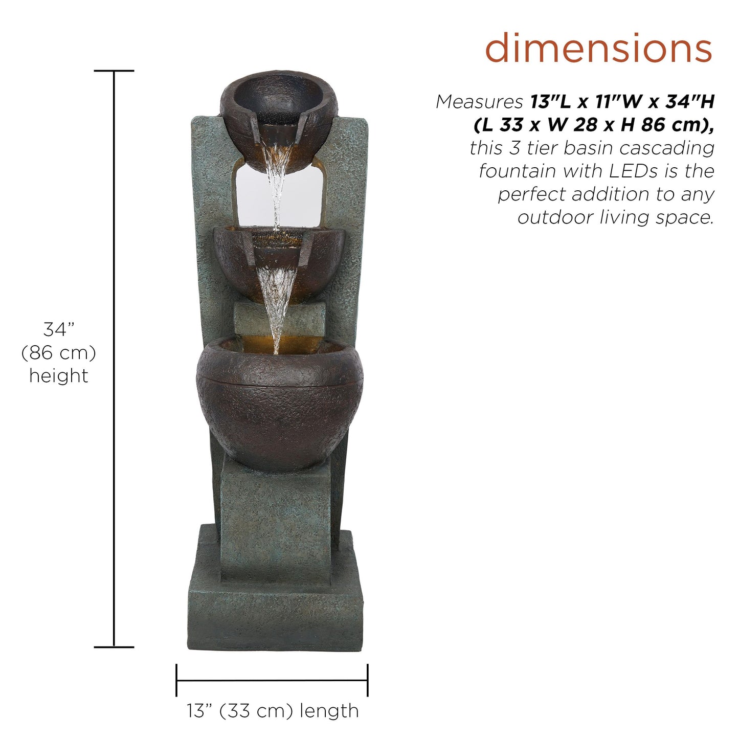 TZL400 34" 3 Tier Basin Cascading Fountain with LED Lights