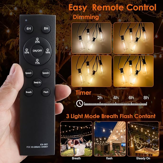 120FT Solar String Lights Outdoor,Solar Patio Lights Waterproof with Remote & 40+2 Dimmable ST38 Shatterproof LED Bulbs,Commercial Grade Solar Powered String Lights for Outside