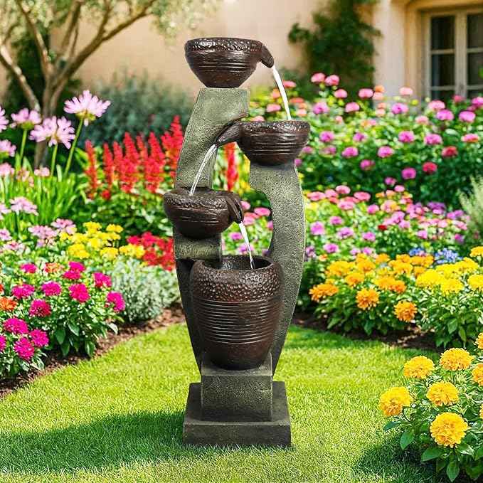 Naturefalls 40" Tall Outdoor Water Fountain and Waterfalls - Large Garden Fountain with LED Lights, 4-Tier Crocks, Indoor and Outdoor Fountains for Garden, Patio, Deck, Porch, Backyard and Home, Gray