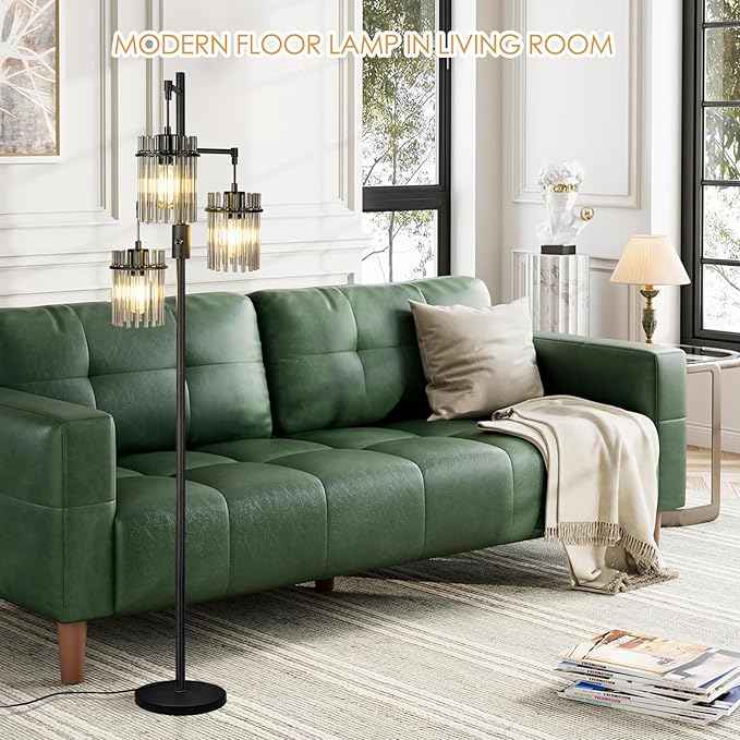 Industrial Floor Lamps for Living Room, Dimmable Floor Lamp Modern Standing Lamps with Glass Lampshade, Rotary Switch, LED Bulbs, Tall Lamps for Bedroom, Office (3 Lampshades(66inch))
