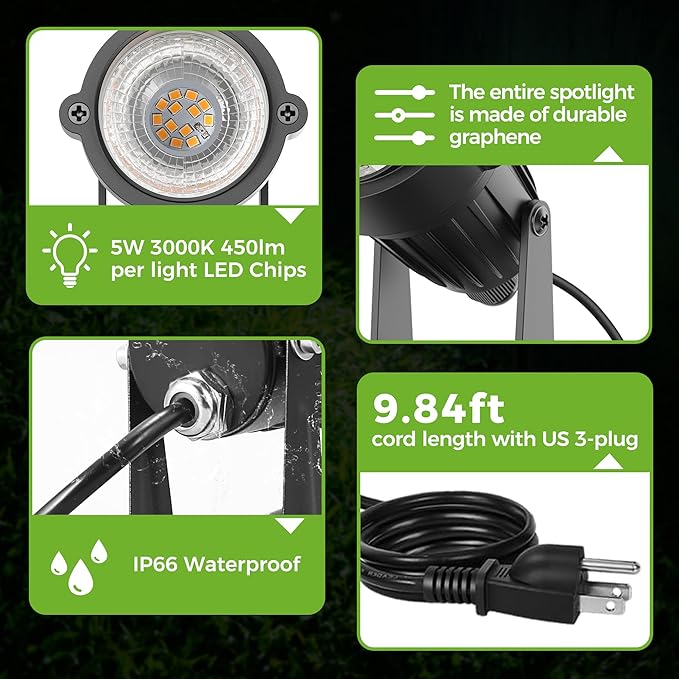 L LOHAS LED Landscape Spot Lights Outdoor, Dusk to Dawn Sensor 5W LED Spotlights for Yard, 120V 450LM Pathway Garden Outside Lights, 9.84-ft Cord, IP66 Waterproof 3000K Warm White, UL Listed 1 Pack - Aura Lighting