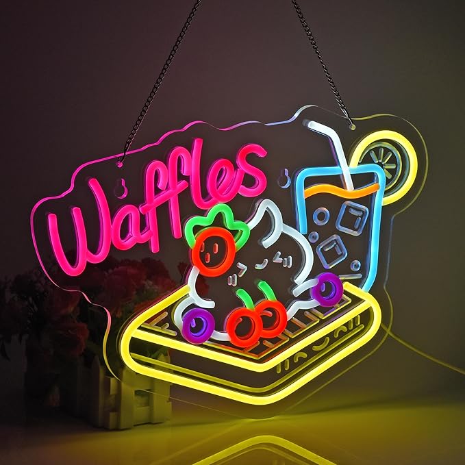 Waffles Neon Sign, Neon Lights Hanging Wall Art Decoration for Store Retail Shop Market Grocery Bakeries Dessert Café Celebration Home Decor,USB Powered Ultra Bright Dimmable,15.75×11.8inches