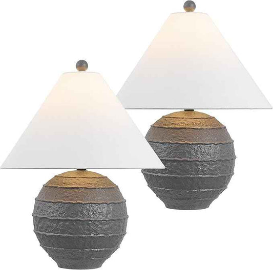 JONATHAN Y 21" Gray Coastal Cottage Textured Resin Table Lamp Set of 2, Farmhouse Ridged Nightstand Lamps for Living Room Bedroom, White Linen Shade, LED Bulbs (JYL9205B-SET2)