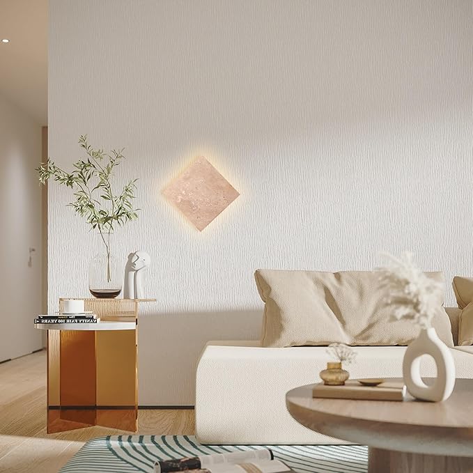 Japanese Style Wabi-Sabi Art Decor Lighting Fixture, Square Natural Stone LED Wall Sconce, Nordic Modern Marble Wall Light, Yellow Travertine Wall Lamp for Bedroom Entryway Living Room