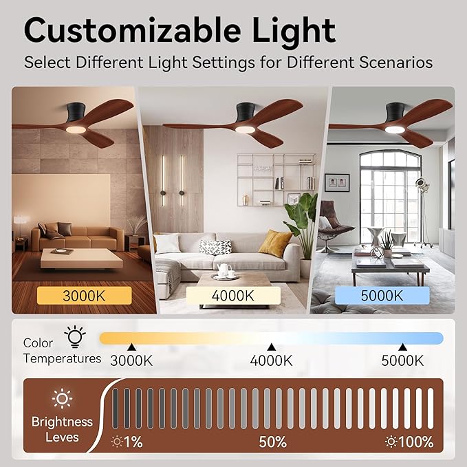 52” Smart Low Profile Ceiling Fans with Lights Remote,3 Wood blade,Quiet DC Motor,Outdoor Indoor Flush Mount Ceiling Fan,Voice Control via WIFI Alexa App,Modern Lighting& Ceiling fan for Bedroom Patio - Aura Lighting