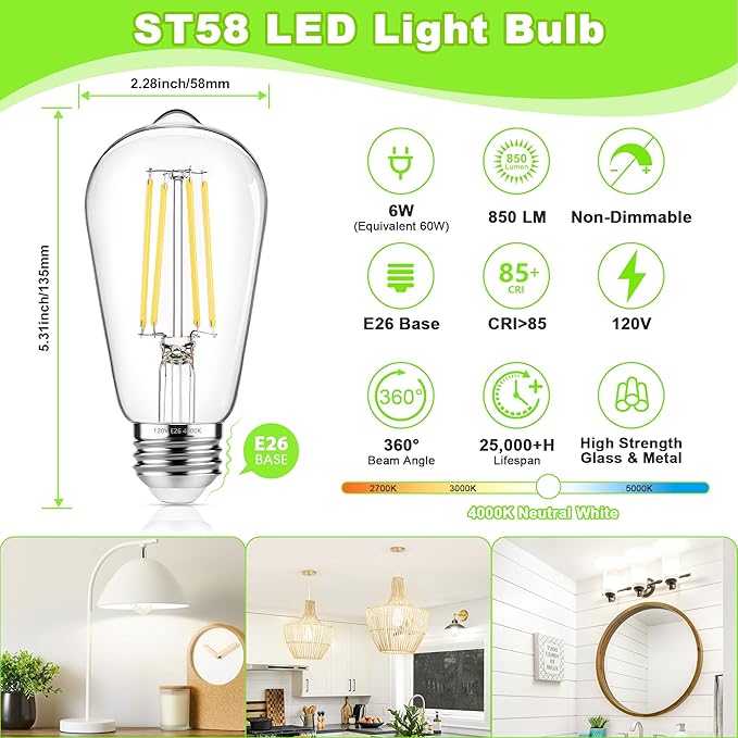 4-Pack Vintage Edison Bulbs 60W Equivalent, 850LM 6W LED Light Bulb Neutral White 4000K, ST58 Filament Lighting E26 Base, Non-Dimmable - Aura Lighting