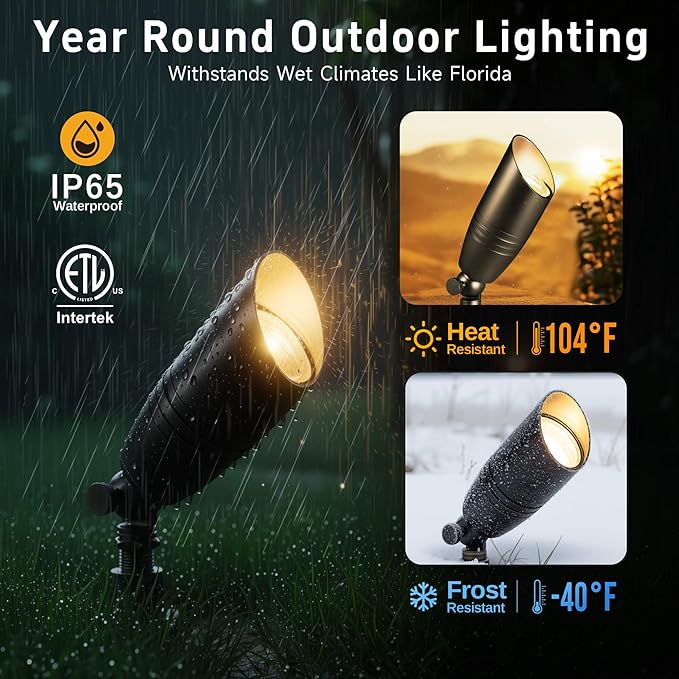 Gardenreet Low Voltage Spotlight LED - 12V Black Outdoor Light Fixture Weather Proof, Brass Landscape Lights Hardwired, Coastal for Flag Sign with Neutral White MR16 Removable Bulbs (10 Pack) - Aura Lighting
