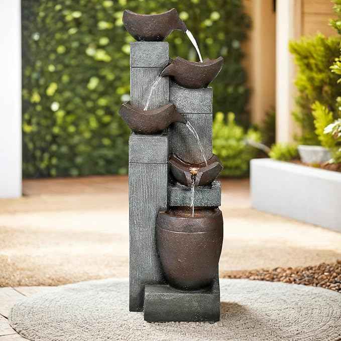 SunJet 5-Tier Modern Water Fountain, Outdoor/Indoor Resin Water Fountains with Soothing Water Sounds & Warm LED Light, Perfect for Garden, Patio, Home & Office, 13.7" L x 13.3" W x 39.7" H