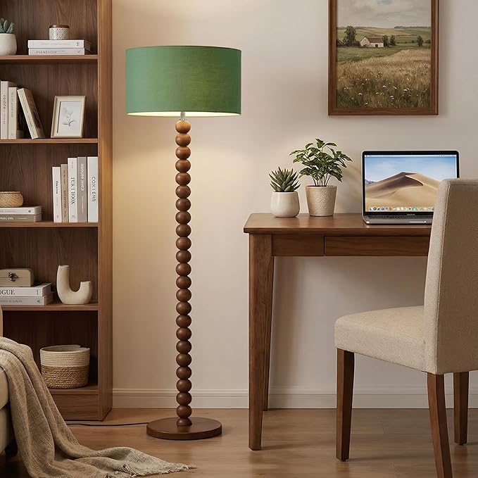 Buruis 61" Beaded Wood Floor Lamp with 17.2" Large Linen Shade, UL Listed, Retro Mid-Century Accent Walnut Finish Standing Lamp for Living Room, Bedroom, Office, Corner, Bulb Not Included, Green