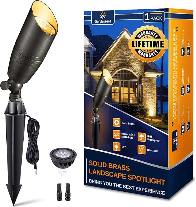 Gardenreet Landscape Spotlights Low Voltage - Brass 12V Outdoor Uplight LED, Wired Spot Lights IP65 Waterproof, Antique Bronze for Exterior Garden Yard Tree House with 5W 2700K Warm White MR16 Bulb - Aura Lighting