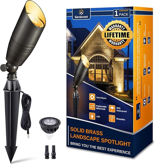 Gardenreet Landscape Spotlights Low Voltage - Brass 12V Outdoor Uplight LED, Wired Spot Lights IP65 Waterproof, Antique Bronze for Exterior Garden Yard Tree House with 5W 2700K Warm White MR16 Bulb - Aura Lighting