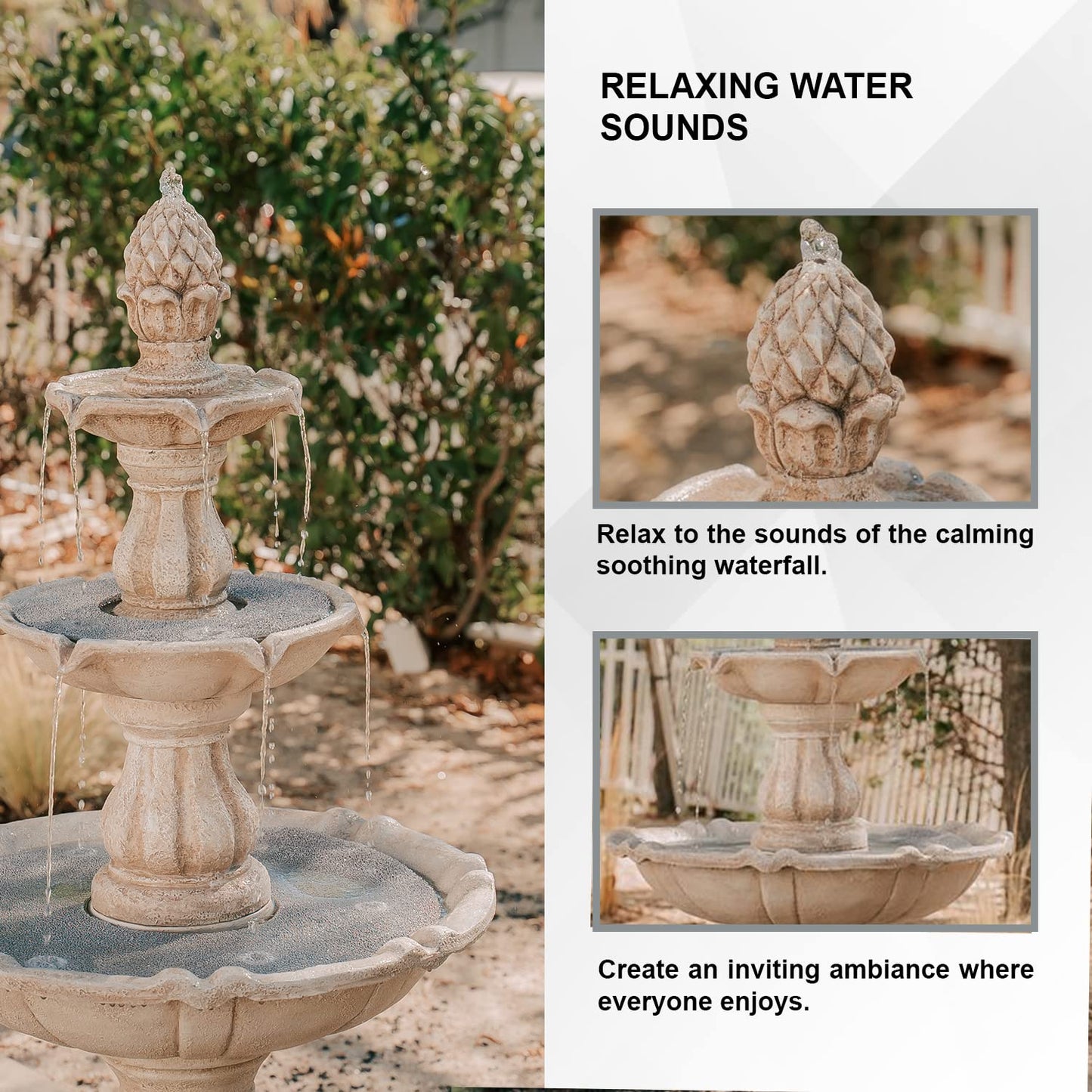 51" 3 Tier Outdoor Freestanding Waterfall Fountain with Pump and Pineapple Finial