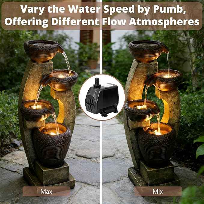 Naturefalls 40" Tall Outdoor Water Fountain and Waterfalls - Large Garden Fountain with LED Lights, 4-Tier Crocks, Indoor and Outdoor Fountains for Garden, Patio, Deck, Porch, Backyard and Home, Gray