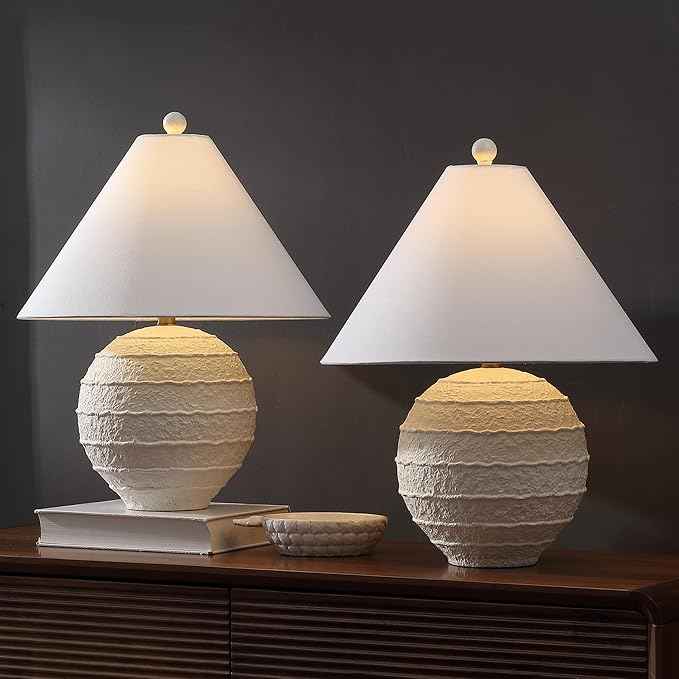 JONATHAN Y 21" Antique White Coastal Cottage Textured Resin Table Lamp Set of 2, Farmhouse Ridged Nightstand Lamps for Living Room Bedroom, White Linen Shade, LED Bulbs JYL9205A-SET2