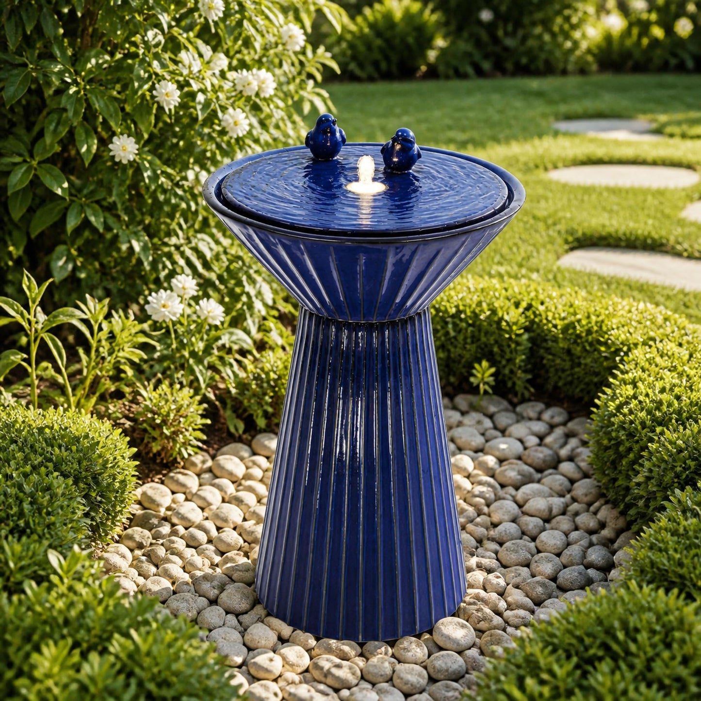 Autodaya 28" Ceramic Outdoor Water Fountain LED Birdbath