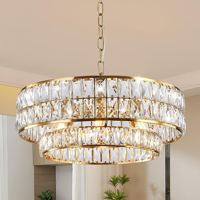 20 Inch Contemporary Luxury Crystal Chandelier, 6-Light Gold Semi-Flush Mount Ceiling Fixture, Round Crystal Pendant Design Perfect for Living Room, Dining Room, Kitchen, Foyer & Bedroom - Aura Lighting