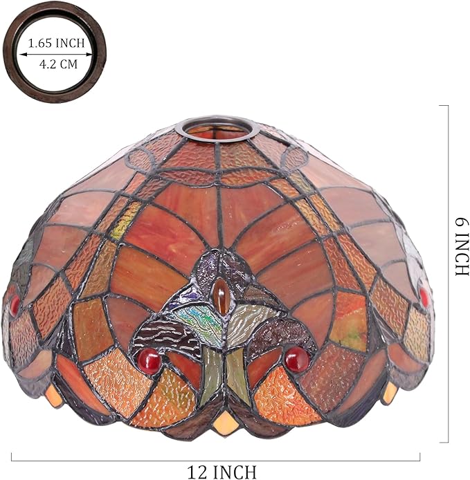 Tiffany Lamp Shade Replacement 12X6 Inch Stained Glass Lampshade Only 1-5/8-Inch Fitter Opening for Arched Floor Lamp, Torchiere Lamp, Pendant Light (Red)