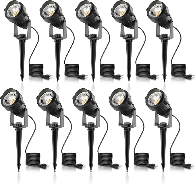 L LOHAS LED Outdoor Landscape Lighting, Auto On/Off 3000K Low Voltage Landscape Lighting, IP66 Waterproof Spot Lights for Yard, Outside, Garden, House, Pathway, Plant, Holiday Decor (10 Pack) - Aura Lighting