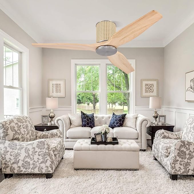 48" Ceiling Fan No Light - Low Profile Flush Mount Ceiling Fan, 6-Speed Remote Control, Solid Wood, Quiet Reversible DC Motor, Wood/Silver Finish, for Bedroom, Living Room, Porch - Aura Lighting