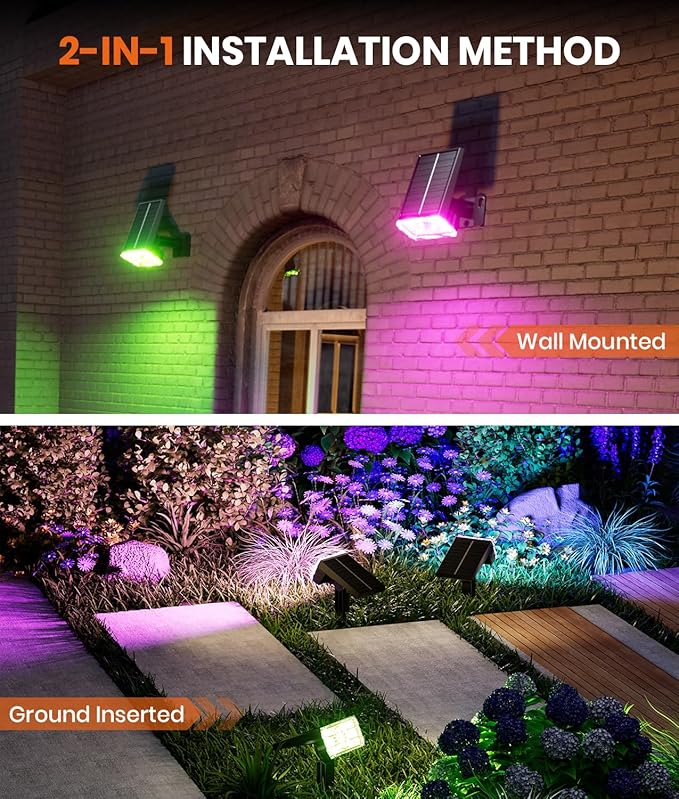 1 Pack Solar Outdoor Lights Waterproof IP67,Spotlights 6 Colors Changing+10 Lighting Modes Christmas Easter Solar Garden Lights Colored Landscape Spot Lights Outdoor Lighting for Yard Pool Patio - Aura Lighting