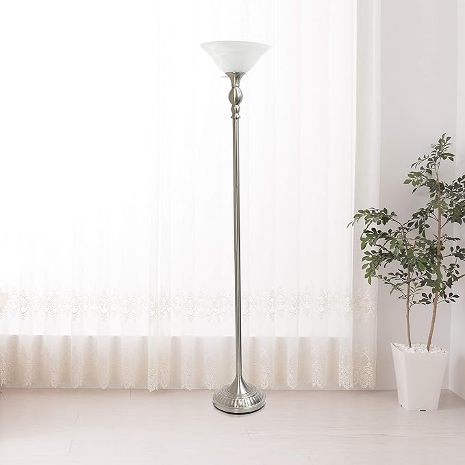 Elegant Designs LF2001-BSN 1 Light Torchiere Marbleized White Glass Shade Floor Lamp, Brushed Nickel