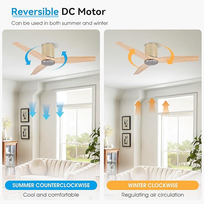 48" Ceiling Fan No Light - Low Profile Flush Mount Ceiling Fan, 6-Speed Remote Control, Solid Wood, Quiet Reversible DC Motor, Wood/Silver Finish, for Bedroom, Living Room, Porch - Aura Lighting