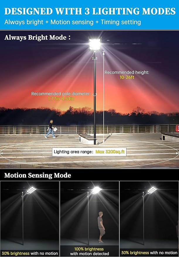 Gefolly SL-6000W Solar Street Light Outdoor, Wide Angle 600000LM Commercial Parking Lot Light Dusk to Dawn 6500K Flood Security IP67 Lamp with Motion Sensor for Garden, Road