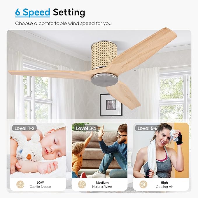 48" Ceiling Fan No Light - Low Profile Flush Mount Ceiling Fan, 6-Speed Remote Control, Solid Wood, Quiet Reversible DC Motor, Wood/Silver Finish, for Bedroom, Living Room, Porch - Aura Lighting