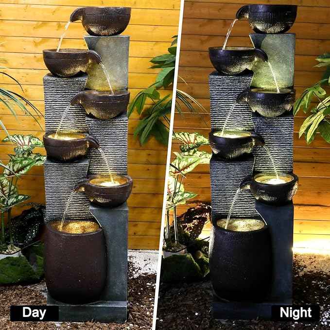 SunJet 6-Tiers Indoor/Outdoor Garden Water Fountain - 53.5inches Modern Floor-Standing Cascading Water Feature - Suitable for Deck, Patio, Porch, Yard Decor