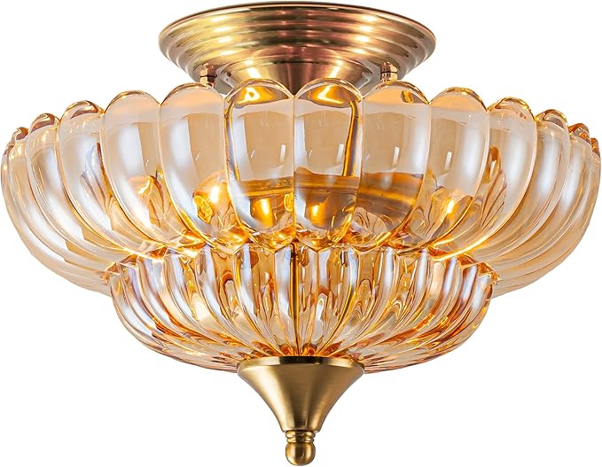 FTL Semi Flush Mount Ceiling Light Fixture, Gold Vintage Scalloped Amber Glass Chandelier, 2-Light Close to Ceiling Light Fixtures for Bedroom Kitchen Foyer Entryway Hallway