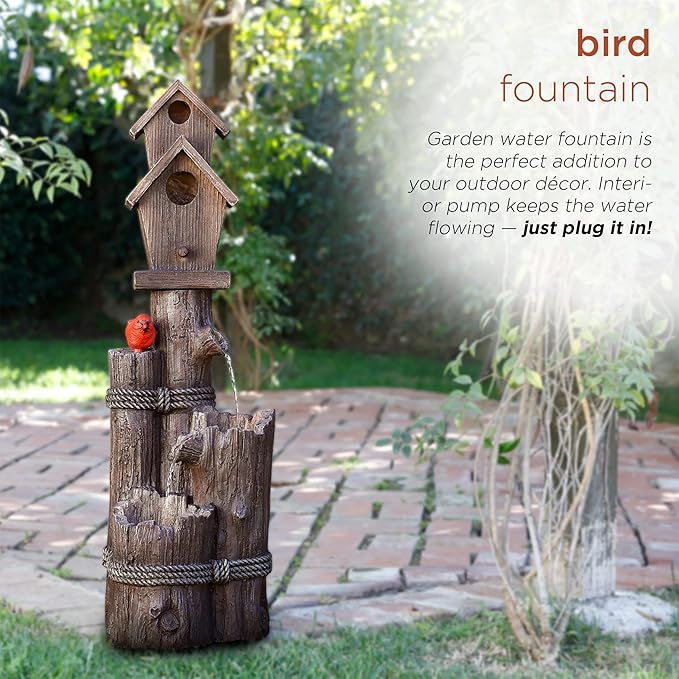 Alpine Corporation 35" Tall Outdoor 3-Tier Birdhouse Water Fountain with Cardinal Accent, Rustic Floor Decor for Garden and Patio, Brown
