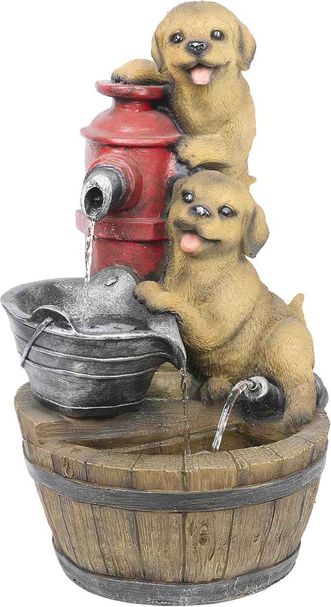 Alpine Corporation GXT986 26" Tall Outdoor Barrel Fountain with Playful Puppies, Cascading Garden Water Feature for Patio, Lawn, or Yard Decor, Brown