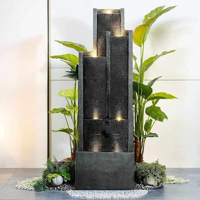 SunJet 5-Tier Modern Water Fountain, Indoor/Outdoor Resin Water Fountains with Soothing Water Sounds & Warm LED Light, Perfect for Garden, Patio, Home & Office, 16.9" L x 9.8" W x 50.7" H